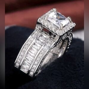 Diamond Zircon Ring with 4 Prong Halo setting, New, Size 6